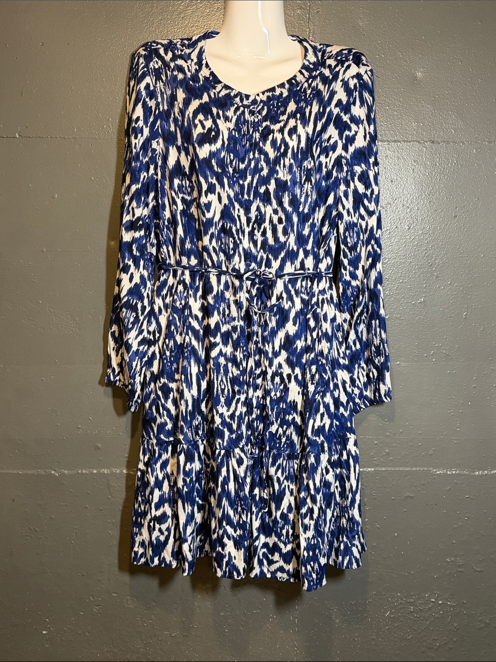 beachlunchlounge Blue and White Printed Long-Sleeve Tiered Dress